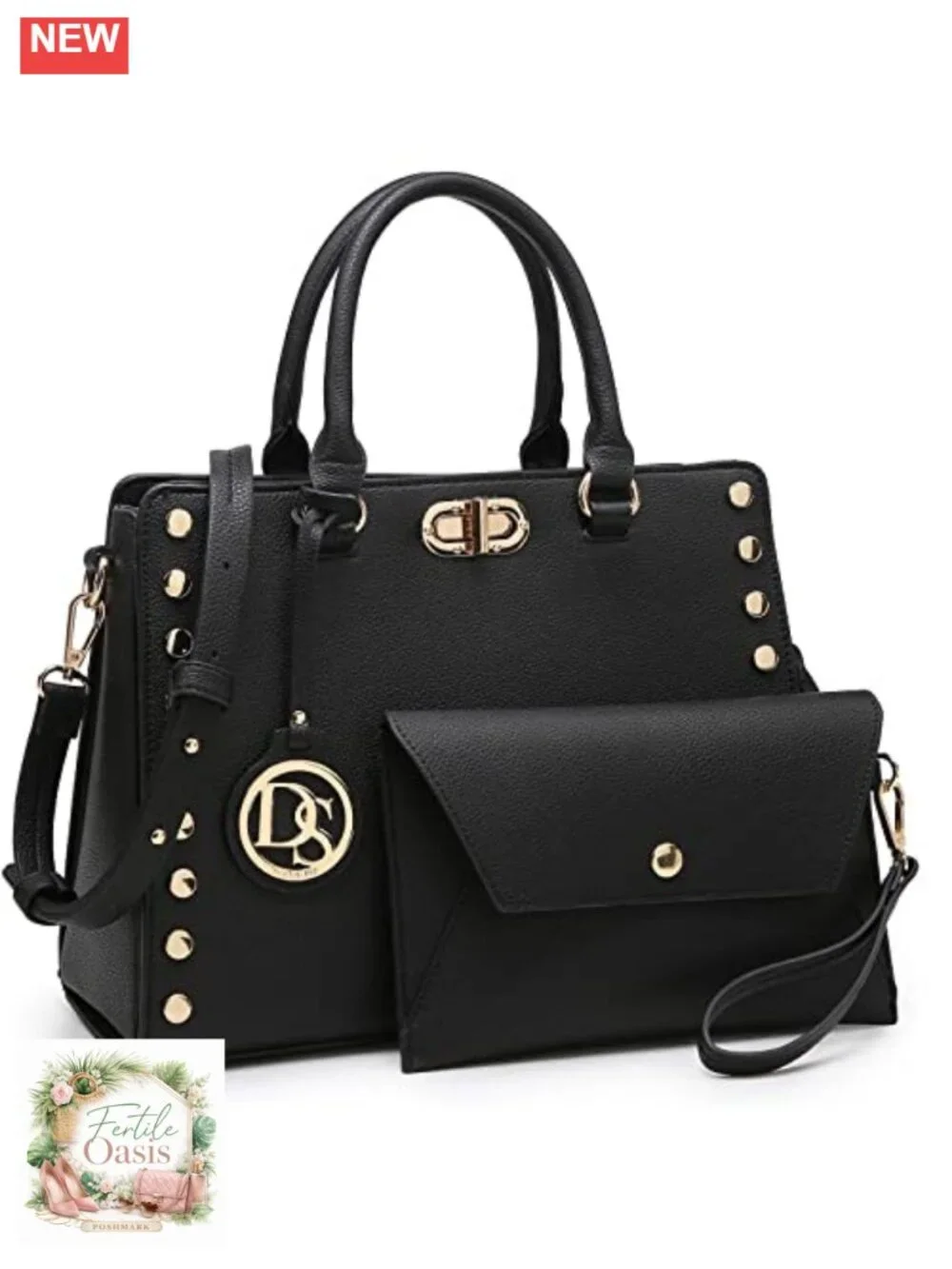 Vegan Leather Satchel Handbag Work Tote with Matching Clutch 2pcs Set